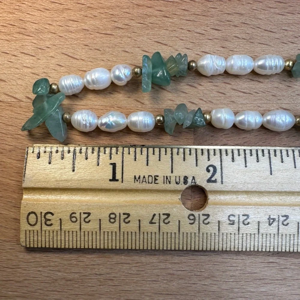 Women Necklace Green White Freshwater Pearl Aventurine Boho Coastal Gold Earthy